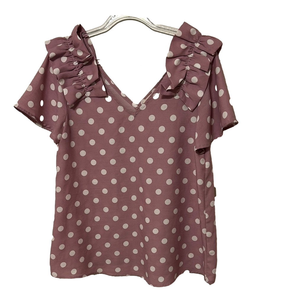 🪞JODIFL Mauve Polka Dot Blouse with Ruffle Detail size S GUC..